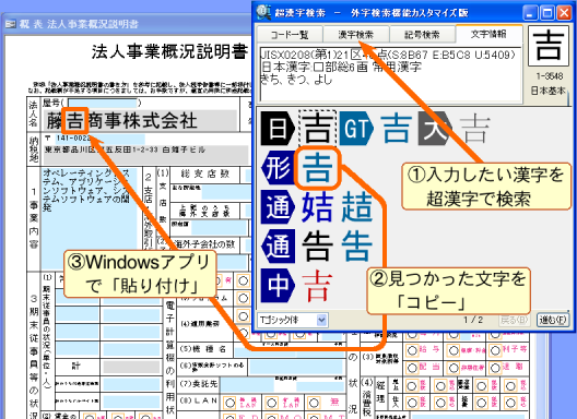 超漢字検索で異体字を検索し、アプリケーションに貼り付けた例