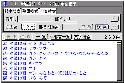 さんずいを持ち、総画数が13画以上の親字を検索したところ