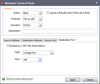 [Destination Port]タブの内容を変更して[Apply]をクリック