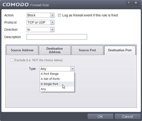 [Destination Port] の「Type:」を「A Single Port」に変更