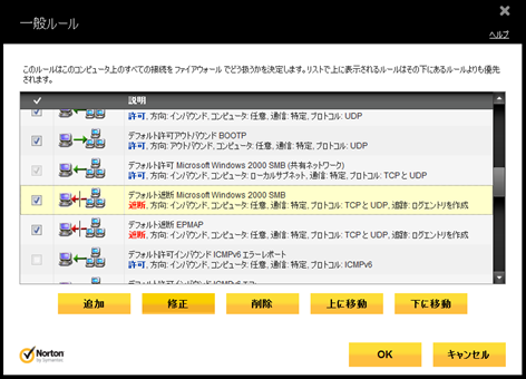 「デフォルト遮断 Microsoft Windows 2000 SMB」をクリックして反転させ、[修正] をクリック